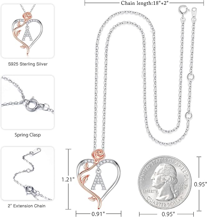 Iefil Rose Heart Necklaces Gifts for Women - 925 Sterling Silver Rose Heart Initial Necklace, Anniversary Birthday Gifts for Women, Jewelry Gift for Her Wife Girlfriend Mom Daughter