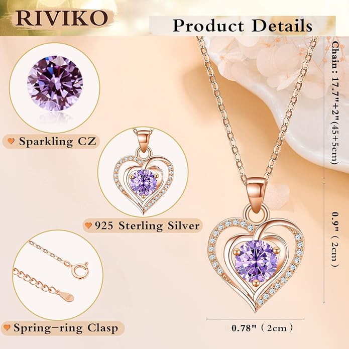 RIVIKO Heart Birthstone Pendant Necklace for Women 925 Sterling Silver Zirconia Necklaces Wedding Anniversary Birthday Mothers Day Jewelry Gifts For Her Mother Wife