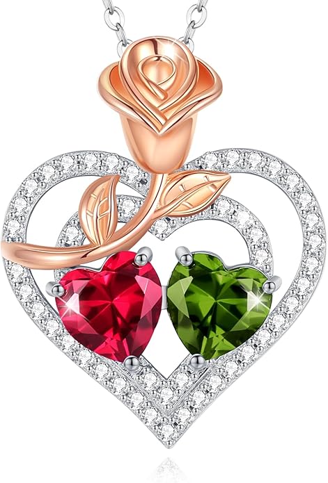 AGVANA Birthstone Necklace for Women Sterling Silver Rose Flower Heart Double Birthstone Jewelry Pendant Necklace Anniversary Birthday Gifts for Women Mom Wife Girlfriend Her