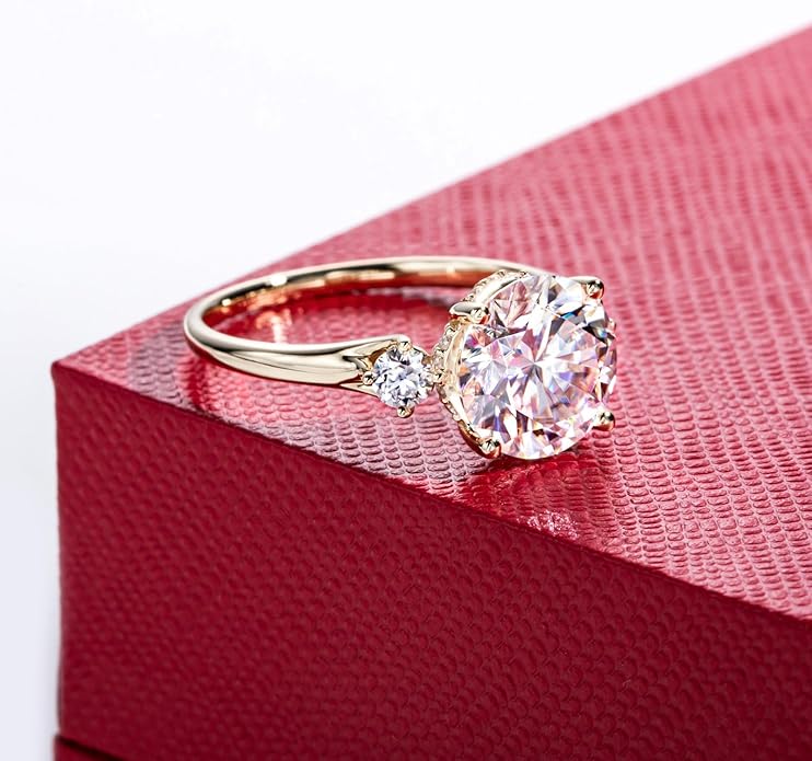 Solid 14K Gold 3.36ct Moissanite Three Stone Rings (3ct Center Stone), Round/Oval/Emerald Shape, Real Gold | D Color and Flawless Moissanite | Wedding Anniversary Ring