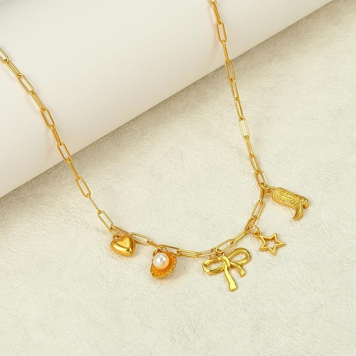 Choistily Charm Necklace Dainty Gold Western Outfit Beach Jewelry for Women Trendy Cowgirl Accessories for Women Gold Bow Sea Shell Pendant Necklace Preppy Stuff Summer Jewelry 2025