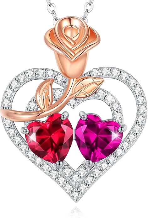 AGVANA Birthstone Necklace for Women Sterling Silver Rose Flower Heart Double Birthstone Jewelry Pendant Necklace Anniversary Birthday Gifts for Women Mom Wife Girlfriend Her