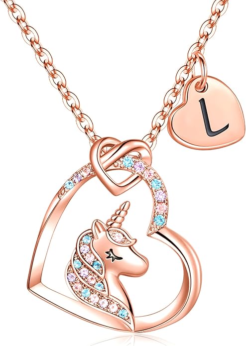 Hidepoo Unicorn Necklace Gifts for Girls Daughter - Colorful CZ Heart Pendant Initial Unicorn Necklaces for Girl Teens Little Girls Jewelry Birthday Gift