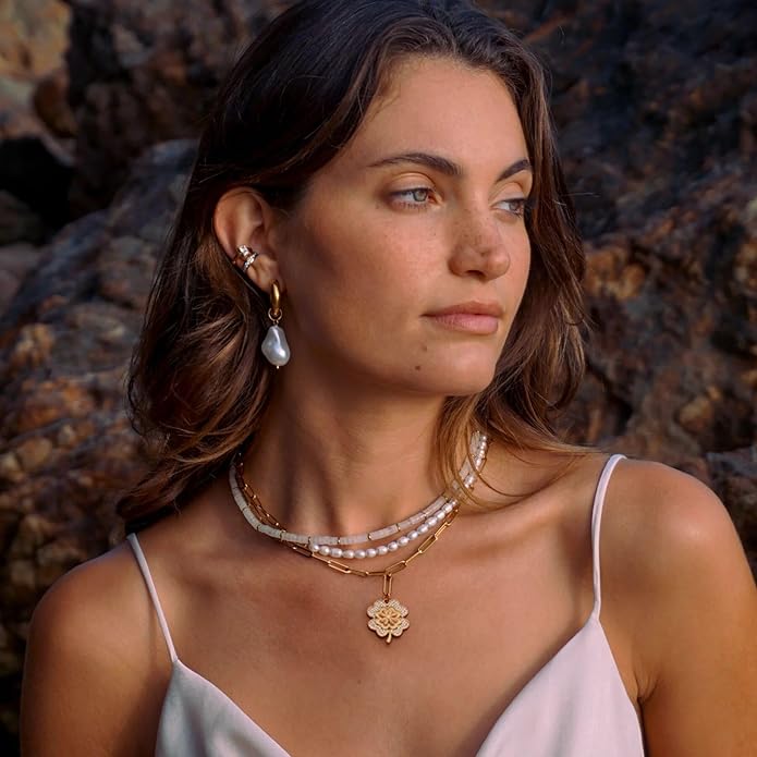 18k Gold Chain Link Necklace for Women, Baroque Pearl/Compass Pendant Necklace