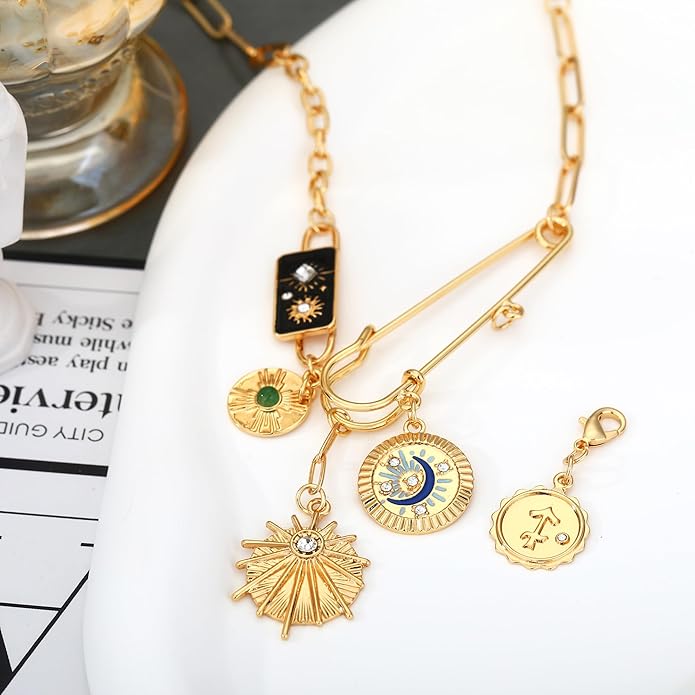 Charm Necklace for Women Gold Evil Eye Sun Moon Flower Coin Pendant Necklace Dainty Paperclip Chain Vintage Luck Amulet Choker Necklaces Celestial Jewelry Gift