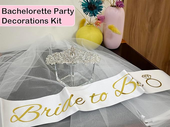 JETKONG 3 Pcs Bachelorette Party Decorations Bridal Shower Crown, Bride to Be Sash&Veil for Women Bachelorette Party Gifts, Bachelorette Party Supplies, Gifts, Favors (Silver)