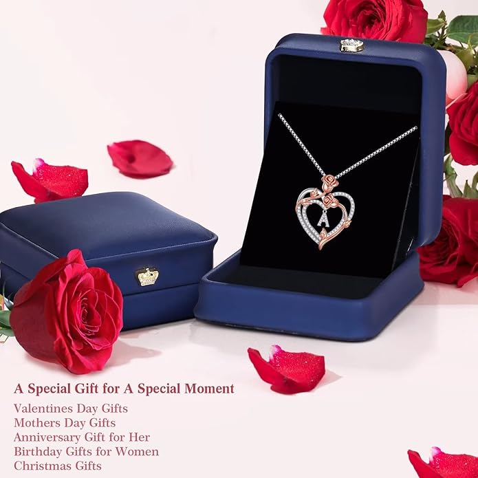 Iefil Rose Heart Necklaces Gifts for Women, 925 Sterling Silver Rose Heart Initial Letter Necklace for Her Mom Wife Girlfriend