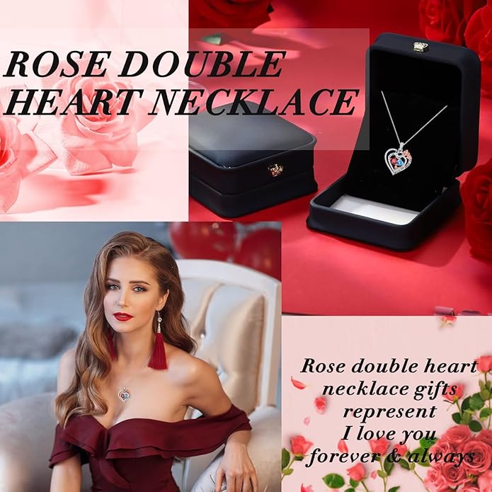 Iefil Rose Heart Necklace Gifts for Wife Women - 925 Sterling Silver Double Birthstone Necklace, Anniversary Birthday Gifts for Women, Jewelry Gift for Wife Girlfriend Mom Her