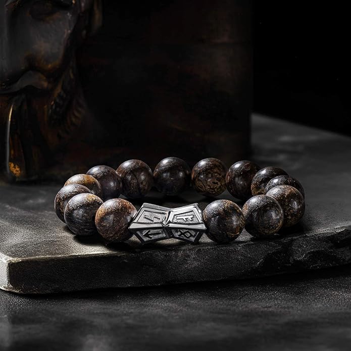 AWNL® Men's Beaded Bracelet with Sterling Silver Engraved Runes Charm 12mm Bronzite Dumortierite Obsidian Natural Gemstone Gift for Men, 6.1''-7.9''