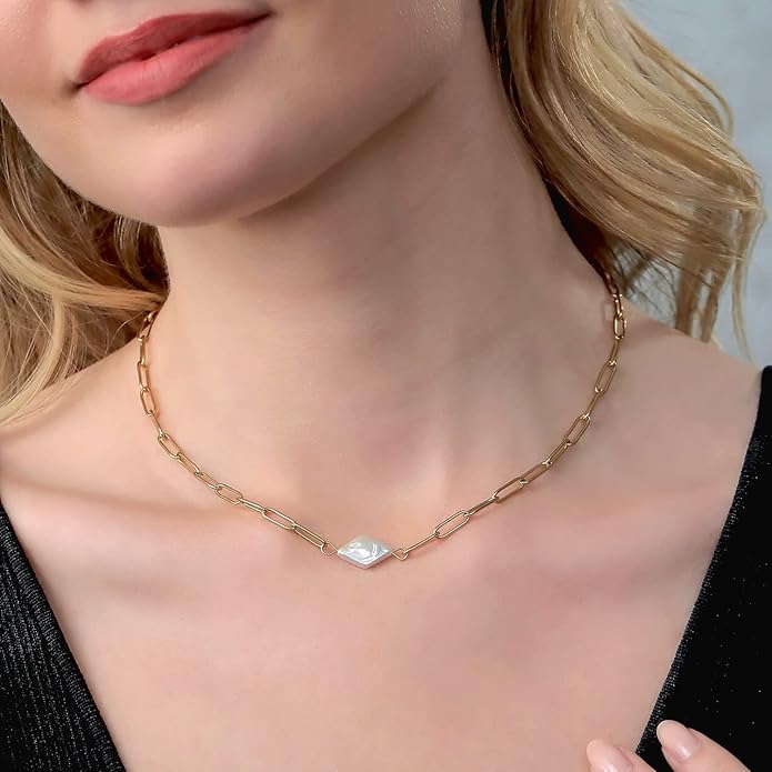 Gem Stone King Shell Pearl Paperclip Link Chain Yellow Gold Plated Stainless Steel Pendant Necklace For Women (Pearl: 14X9MM and Chain: 18 Inch = 16 + 2 Inch Length)