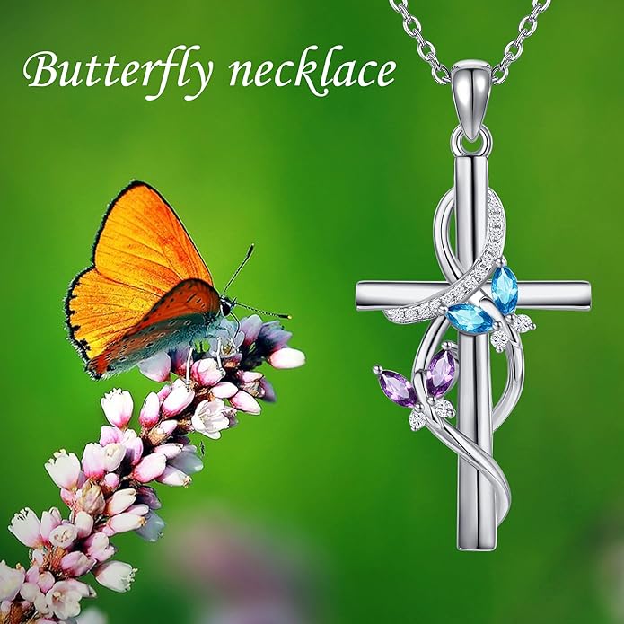 Flower Cross Necklace 925 Sterling Silver Carnation/Rose/Lily/Daisy Cross Necklace Birth Flower Jewelry for Women
