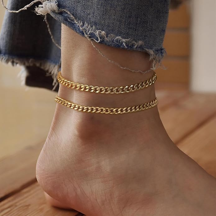 Ritach Ankle Bracelets for Women - Stainless Steel Silver/Gold Anklets for Women Waterproof Layered Cuban Link Figaro Chain Heart Anklets Set Summer Beach Jewelry Gifts