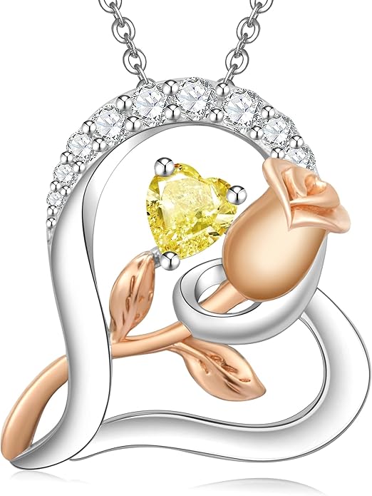 Rose Flower Heart Birthstone Necklaces for Women, 925 Sterling Silver Anniversary Jewelry, Pendant Heart Necklaces Birthday Anniversary Christmas Gift for Women Wife Mom Girlfriend Lady