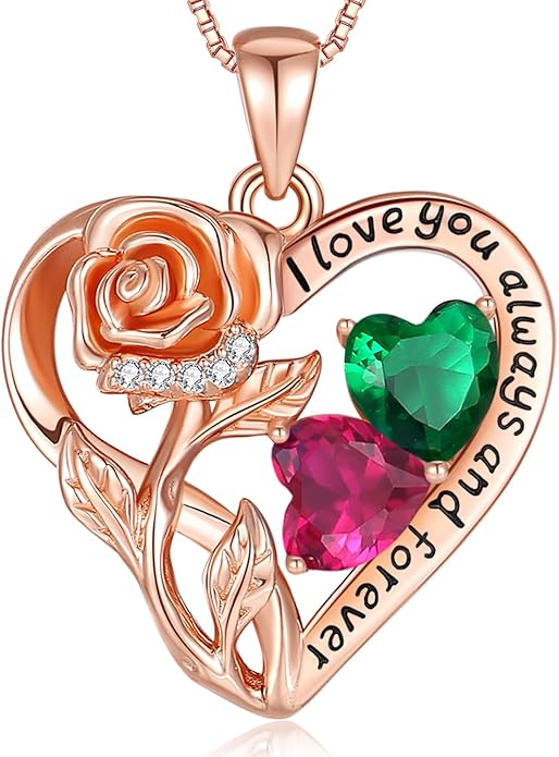 925 Sterling Silver Double Birthstone Rose Flower Heart Jewelry Necklaces for Women Anniversary Love Forever Necklaces for Her Birthday Gifts for Wife Girlfriend Mom Mothers Day Rose Gold