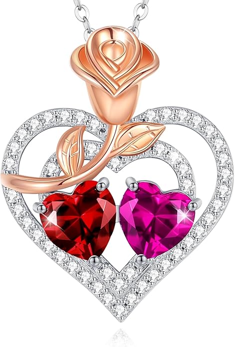 AGVANA Birthstone Necklace for Women Sterling Silver Rose Flower Heart Double Birthstone Jewelry Pendant Necklace Anniversary Birthday Gifts for Women Mom Wife Girlfriend Her