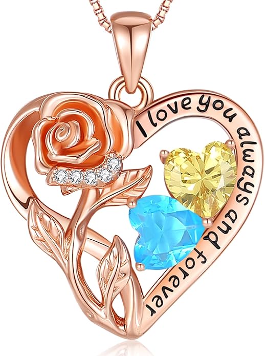 925 Sterling Silver Double Birthstone Rose Flower Heart Jewelry Necklaces for Women Anniversary Love Forever Necklaces for Her Birthday Gifts for Wife Girlfriend Mom Mothers Day Rose Gold