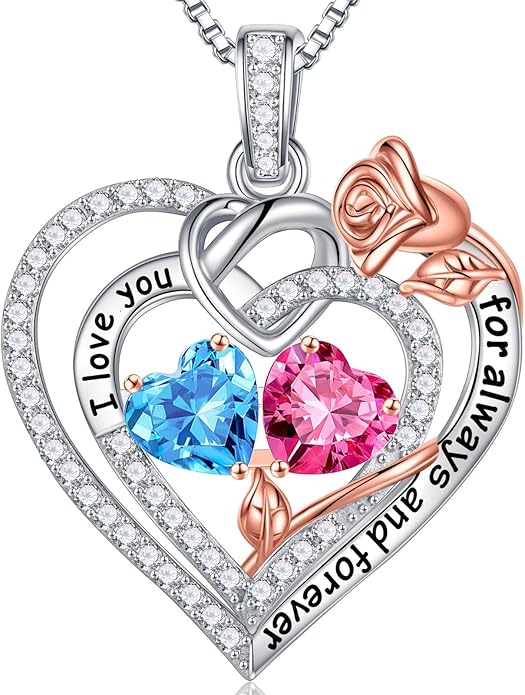 Iefil Rose Heart Necklace Gifts for Wife Women - 925 Sterling Silver Double Birthstone Necklace, Anniversary Birthday Gifts for Women, Jewelry Gift for Wife Girlfriend Mom Her