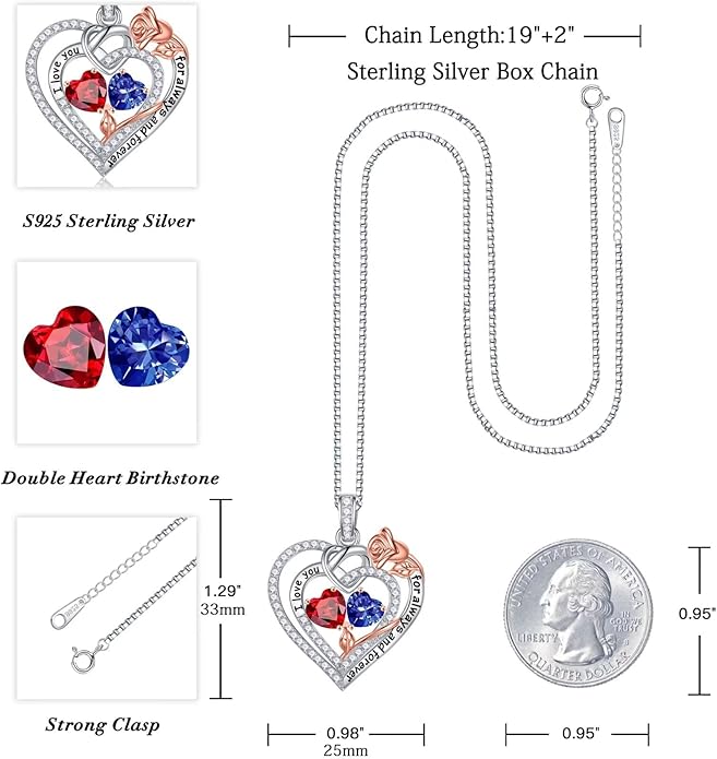 Iefil Rose Heart Necklace Gifts for Wife Women - 925 Sterling Silver Double Birthstone Necklace, Anniversary Birthday Gifts for Women, Jewelry Gift for Wife Girlfriend Mom Her