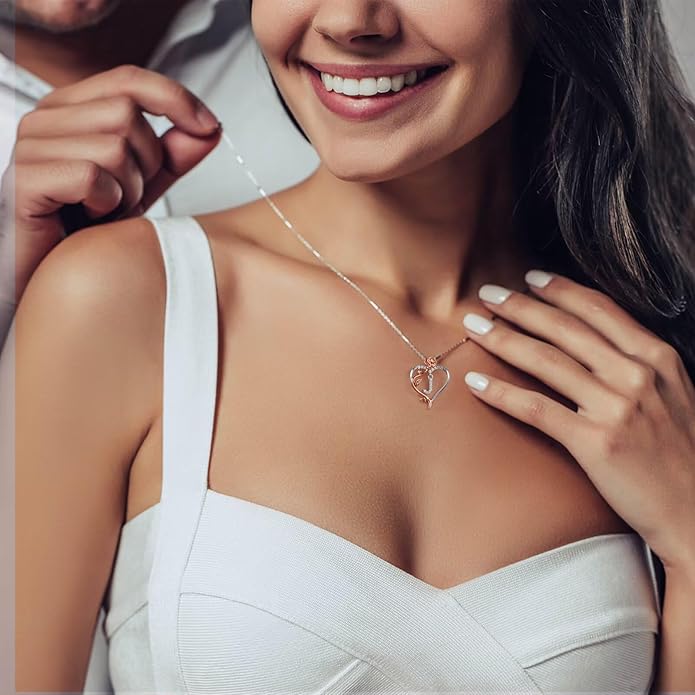 Iefil Rose Heart Necklaces Gifts for Women - 925 Sterling Silver Rose Heart Initial Necklace, Anniversary Birthday Gifts for Women, Jewelry Gift for Her Wife Girlfriend Mom Daughter