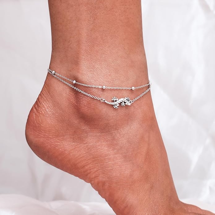 CHIC & ARTSY Womens Sterling Silver Created Opal Layered Anklet Bracelet Dainty Beaded Chain Adjustable 11" Best Friend Anklet