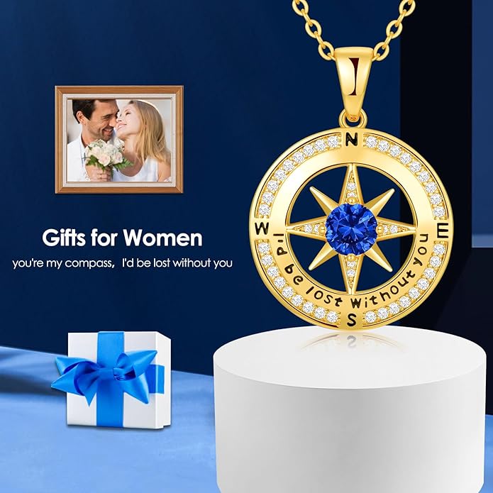 Compass Necklace Gifts for Women wife - S925 Sterling Silver Birthstone Necklaces for Women - Anniversary Birthday Gifts for Her Wife Girlfriend - Valentines Mom Mothers Day Christmas Gifts Jewelry for Women
