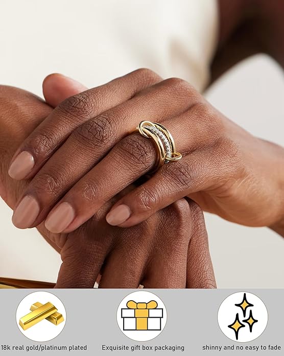 TLY Stackable Gold Rings for Women Non Tarnish 18K Gold Plated Interlocking Ring Stack Set Gold Silver Mixed Metal Statement Rings Dainty Cubic Zirconia CZ Fashion Connected Band Thumb Ring Size 4-11 Jewelry Gift for Women