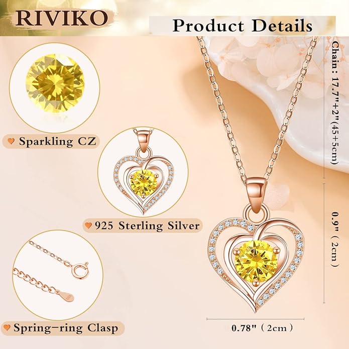 RIVIKO Heart Birthstone Pendant Necklace for Women 925 Sterling Silver Zirconia Necklaces Wedding Anniversary Birthday Mothers Day Jewelry Gifts For Her Mother Wife