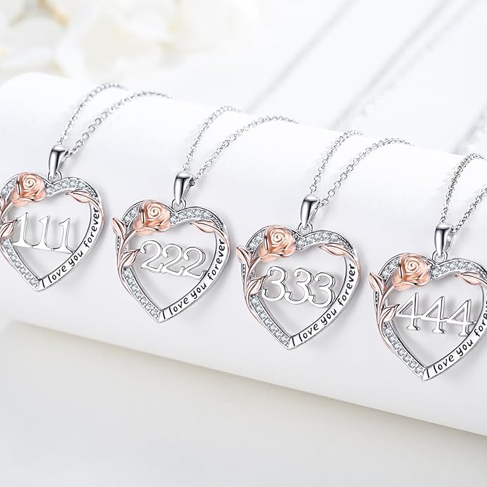 Number Necklace for Women 925 Sterling Silver Rose Angel Numbers Necklace Jewelry Birthday Gift for Grandma Mother