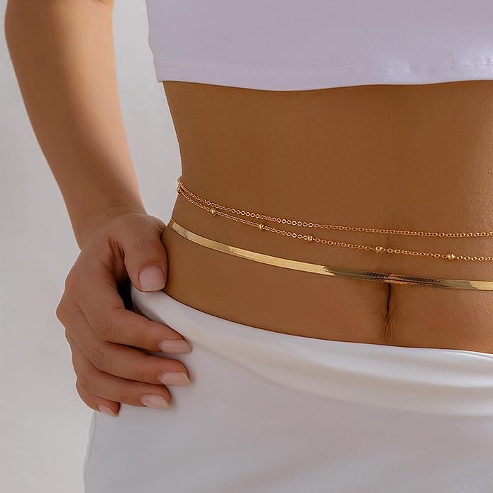 Turandoss 1-3PCS 18K Gold Plated Waist Chains for Women - Gold Layered Belly Body Chain for The Waist Adjustable Multilayer Sexy Bikini Waist Chain for Women Dainty Beach Waist Jewelry for Women