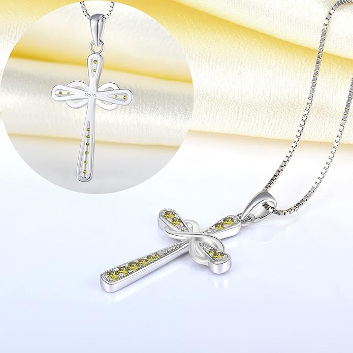 YL 925 Sterling Silver Cross Necklace for Women Halo Infinity Pendant Birthstone Jewelry for Mom