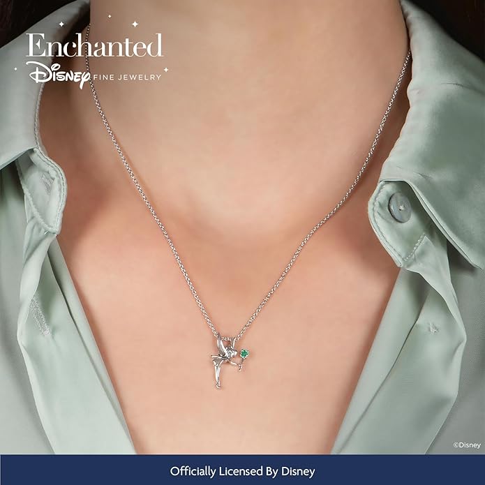 Jewelili Enchanted Disney Fine Jewelry Tinker Bell Pendant Necklace for Women | Sterling Silver | 2.5 MM Round Created Emerald | 18" Cable Chain | Disney Princess Inspired Jewelry Gifts for Her |