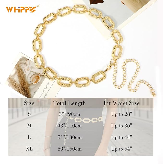 WHIPPY Metal Waist Chain Belt Women Adjustable Body Link Belts Ladies Fashion Chain for Jeans Dress