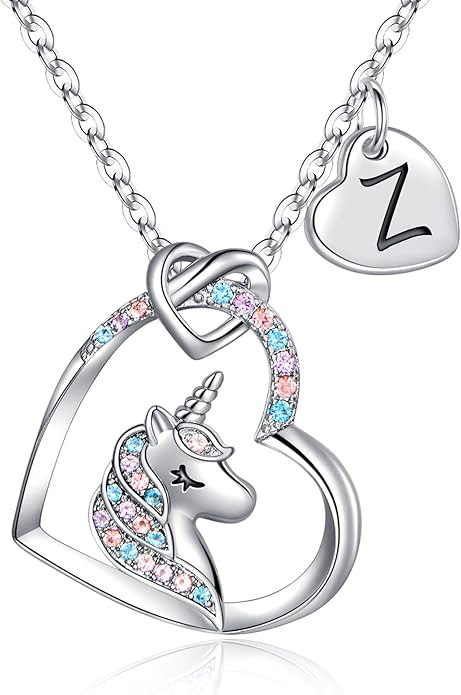 Hidepoo Unicorn Necklace Gifts for Girls Daughter - Colorful CZ Heart Pendant Initial Unicorn Necklaces for Girl Teens Little Girls Jewelry Birthday Gift