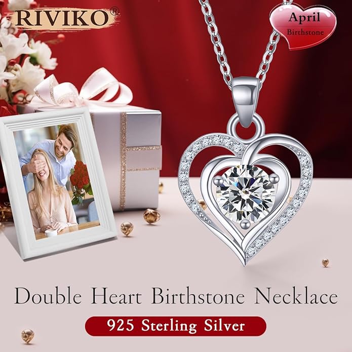 RIVIKO Heart Birthstone Pendant Necklace for Women 925 Sterling Silver Zirconia Necklaces Wedding Anniversary Birthday Mothers Day Jewelry Gifts For Her Mother Wife