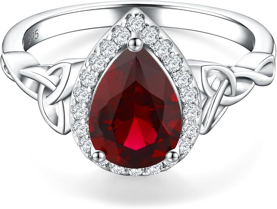 DAYBYDAY Celtic Birthstone Rings for Women 925 Sterling Silver Heart/Round/Pear/Oval Created Gemstone Moissanite Halo Engagement Promise Rings for Her Wife Birthday Anniversary Wedding Jewelry