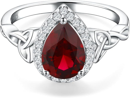 DAYBYDAY Celtic Birthstone Rings for Women 925 Sterling Silver Heart/Round/Pear/Oval Created Gemstone Moissanite Halo Engagement Promise Rings for Her Wife Birthday Anniversary Wedding Jewelry