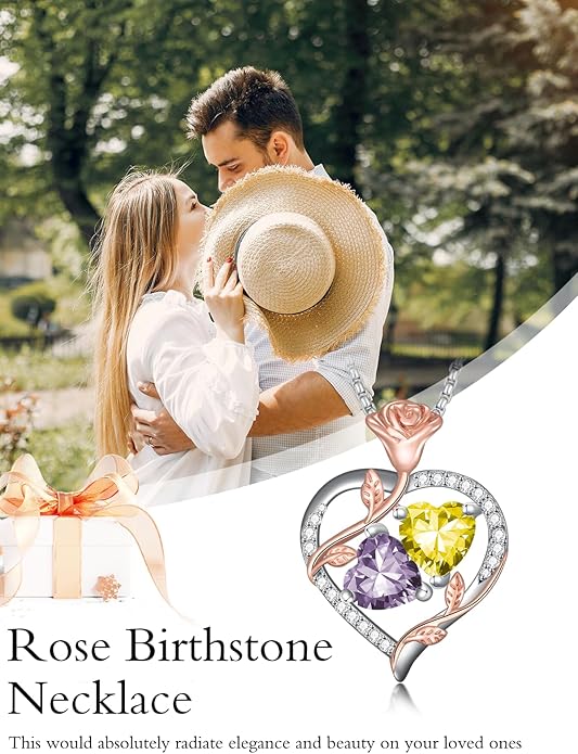 Jewelry for Her Double Heart Rose Birthstone Pendant Necklace Anniversary Jewelry Christmas Birthday Gifts for Women Wife Girlfriend