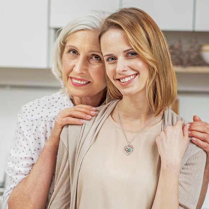 Iefil Rose Heart Necklace Gifts for Wife Women - 925 Sterling Silver Double Birthstone Necklace, Anniversary Birthday Gifts for Women, Jewelry Gift for Wife Girlfriend Mom Her