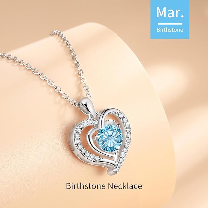 Heart Necklace, I Love You Always & Forever, Birthstone Cubic Zirconia Pendant, Gift for Women