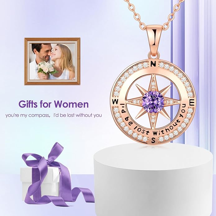 Compass Necklace Gifts for Women wife - S925 Sterling Silver Birthstone Necklaces for Women - Anniversary Birthday Gifts for Her Wife Girlfriend - Valentines Mom Mothers Day Christmas Gifts Jewelry for Women