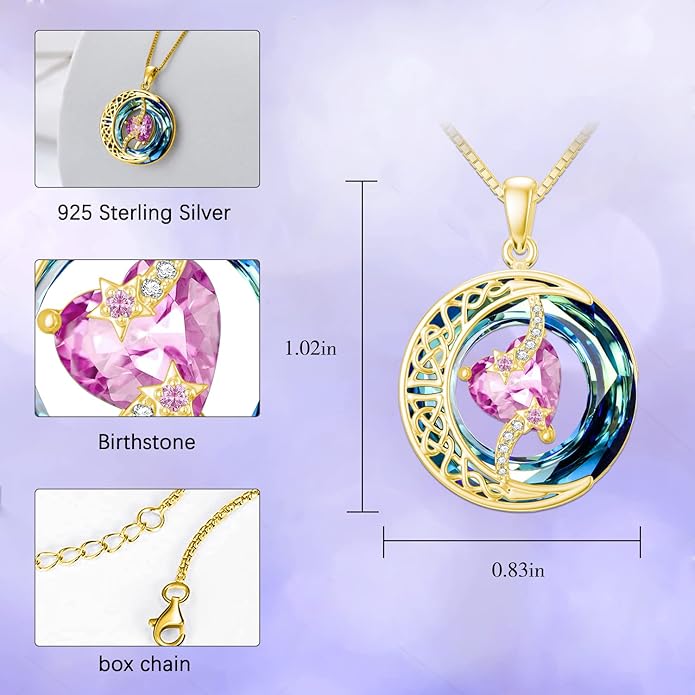 TOUPOP Birthstone Necklace 925 Sterling Silver Moon and Star Pendant with Blue Crystal Celtic Moon Jewelry Birthday Christmas Gifts for Women Mom Wife Her Daughter