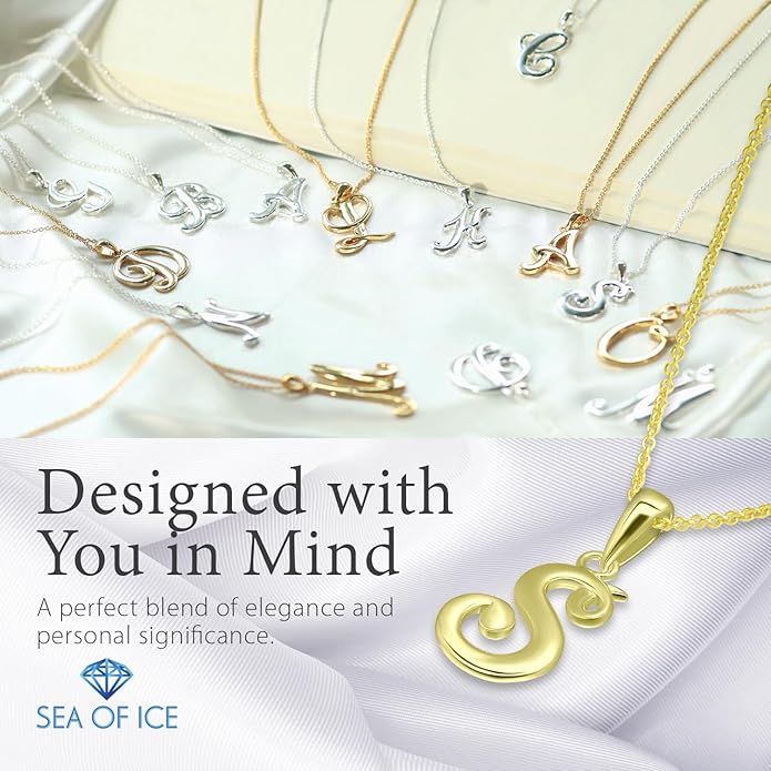 SEA OF ICE Letter Initial Necklace, Alphabet Letter Pendant Necklace, Sterling Silver, Gold, Rose Gold Necklace for Women, Elegant Initial Necklaces, Personalized Custom Women's Necklaces