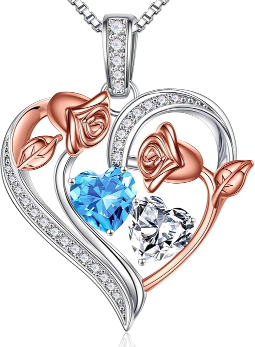 Iefil Birthstone Necklace for Women - 925 Sterling Silver Rose Heart Necklace, Birthstone Jewelry, Anniversary Birthday Gifts for Wife Girlfriend Mom Daughter
