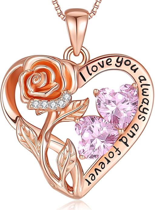 925 Sterling Silver Double Birthstone Rose Flower Heart Jewelry Necklaces for Women Anniversary Love Forever Necklaces for Her Birthday Gifts for Wife Girlfriend Mom Mothers Day Rose Gold