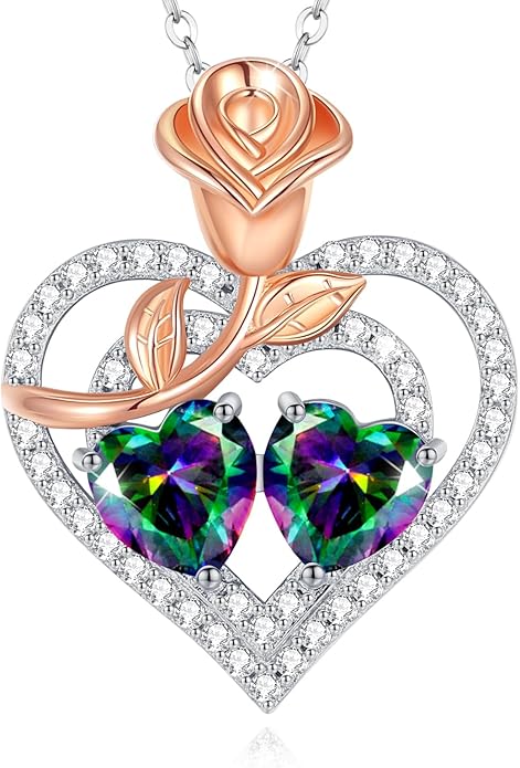 AGVANA Birthstone Necklace for Women Sterling Silver Rose Flower Heart Double Birthstone Jewelry Pendant Necklace Anniversary Birthday Gifts for Women Mom Wife Girlfriend Her