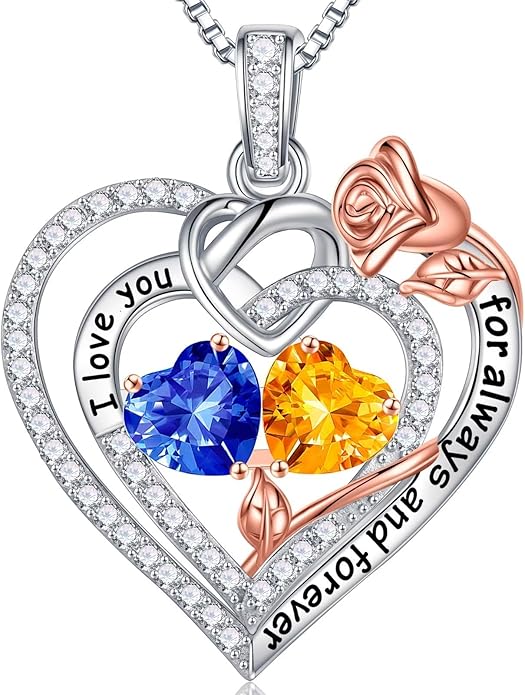 Iefil Rose Heart Necklace Gifts for Wife Women - 925 Sterling Silver Double Birthstone Necklace, Anniversary Birthday Gifts for Women, Jewelry Gift for Wife Girlfriend Mom Her