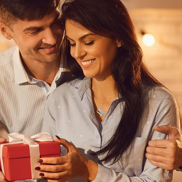 Iefil Birthstone Necklace for Women - 925 Sterling Silver Double Birthstone Heart Necklace | Anniversary Birthday Gifts for Women | Personalized Gifts | Jewelry Gifts for Wife Mom Girlfriend