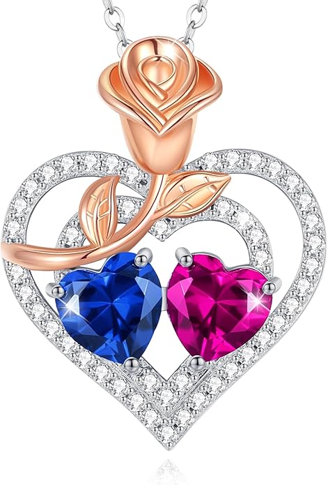 AGVANA Birthstone Necklace for Women Sterling Silver Rose Flower Heart Double Birthstone Jewelry Pendant Necklace Anniversary Birthday Gifts for Women Mom Wife Girlfriend Her