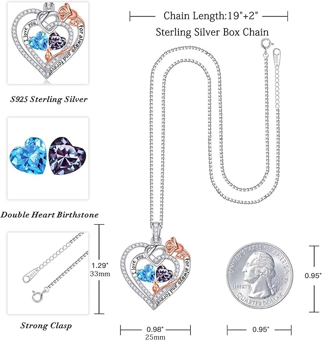 Iefil Rose Heart Necklace Gifts for Wife Women - 925 Sterling Silver Double Birthstone Necklace, Anniversary Birthday Gifts for Women, Jewelry Gift for Wife Girlfriend Mom Her