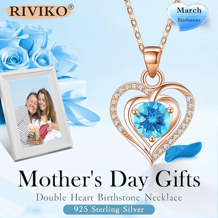 RIVIKO Heart Birthstone Pendant Necklace for Women 925 Sterling Silver Zirconia Necklaces Wedding Anniversary Birthday Mothers Day Jewelry Gifts For Her Mother Wife